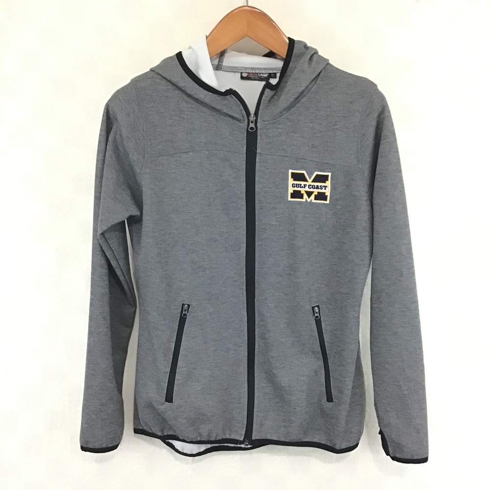 Gray Full Zip Hoodie Gulf Coast Mississppi Logo Thumbholes Medium